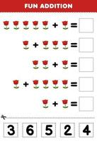 Education game for children fun addition by cut and match correct number for cute cartoon rose flower printable nature worksheet vector