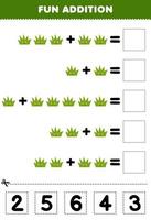 Education game for children fun addition by cut and match correct number for cute cartoon grass printable nature worksheet vector