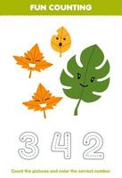 Education game for children count the pictures and color the correct number from cute cartoon leaf printable nature worksheet vector