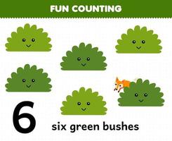 Education game for children fun counting six green bushes printable nature worksheet vector