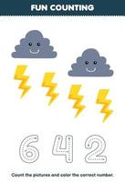 Education game for children count the pictures and color the correct number from cute cartoon cloud and thunder printable nature worksheet vector