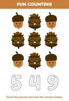 Education game for children count the pictures and color the correct number from cute cartoon acorn and pinecone printable nature worksheet vector