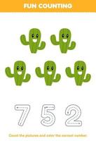 Education game for children count the pictures and color the correct number from cute cartoon cactus printable nature worksheet vector