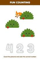 Education game for children count the pictures and color the correct number from cute cartoon bush mushroom and fox printable nature worksheet vector