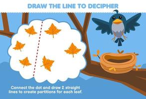 Education game for children help cute bird draw the lines to separate maple leaf printable nature worksheet vector