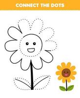 juego educativo para niños conecta los puntos y práctica de colorear con una linda hoja de trabajo de naturaleza imprimible de flores de dibujos animados vector