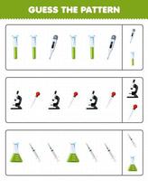 Education game for children guess the pattern each row from cute cartoon test tube thermometer microscope dropper beaker syringe printable tool worksheet vector