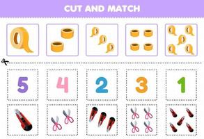 Education game for children cut and match the same number of cute cartoon cutter scissor and tape printable tool worksheet vector