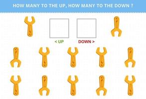 Education game for children counting how many up and down picture of cute cartoon wrench printable tool worksheet vector