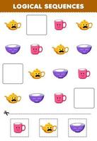 Education game for children logical sequences for kids with cute cartoon teapot mug bowl printable tool worksheet vector