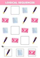 Education game for children logical sequences for kids with cute cartoon pen paper envelope printable tool worksheet vector