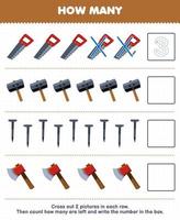 Education game for children count how many cute cartoon saw hammer nail axe and write the number in the box printable tool worksheet vector