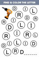 Education game for children find and color letter D for drill printable tool worksheet vector