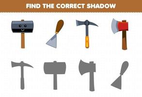 Education game for children find the correct shadow set of cute cartoon hammer chisel pickaxe axe printable tool worksheet vector