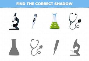 juego de educación para niños encontrar la sombra correcta conjunto de dibujos animados lindo microscopio termómetro vaso de precipitados estetoscopio herramienta imprimible hoja de trabajo vector