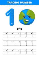 Education game for children tracing number one with cute cartoon blue planet picture printable nature worksheet vector