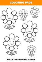 Education game for children coloring page big or small picture of cute cartoon flower line art printable nature worksheet vector