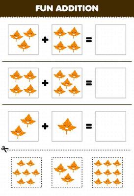 Education game for children fun addition by cut and match of cute cartoon maple leaf pictures for printable nature worksheet