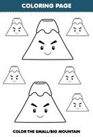 Education game for children coloring page big or small picture of cute cartoon mountain line art printable nature worksheet vector