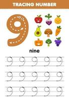 Education game for children tracing number nine with cute cartoon fruit and vegetable picture printable nature worksheet vector