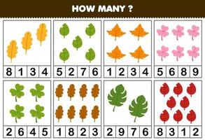 Education game for children counting how many cute cartoon leaf in each table printable nature worksheet vector