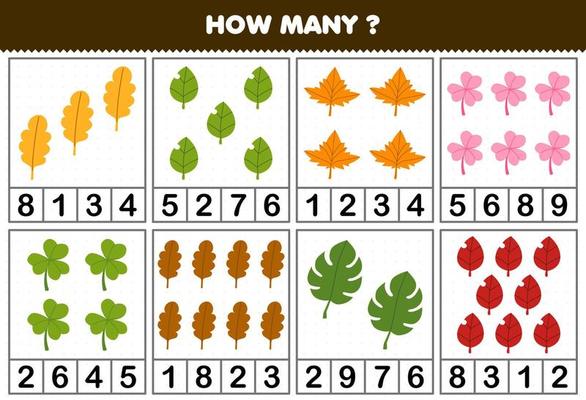 Education game for children counting how many cute cartoon leaf in each table printable nature worksheet