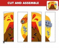 Education game for children cutting practice and assemble puzzle with cute cartoon meteor smoke and volcano printable nature worksheet vector