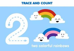 juego educativo para niños rastreando el número dos y contando la hoja de trabajo imprimible de la naturaleza del arco iris de dibujos animados lindo vector