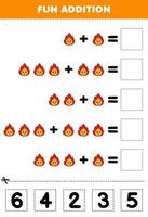 Education game for children fun addition by cut and match correct number for cute cartoon fire printable nature worksheet vector