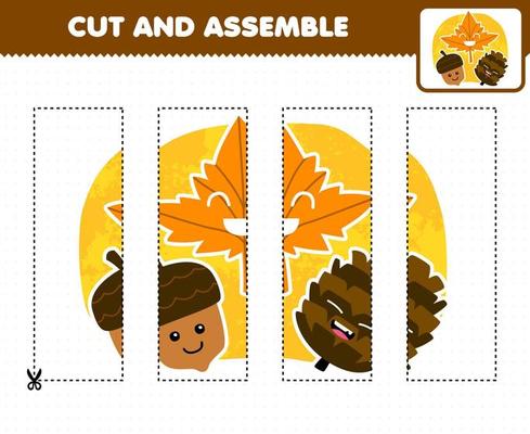 Education game for children cutting practice and assemble puzzle with cute cartoon maple leaf acorn and pinecone printable nature worksheet