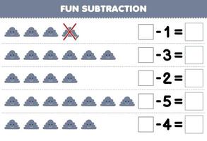 juego educativo para niños resta divertida contando lindas nubes de dibujos animados en cada fila y eliminándola hoja de trabajo de naturaleza imprimible vector