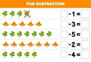 Education game for children fun subtraction by counting cute cartoon leaf each row and eliminating it printable nature worksheet vector
