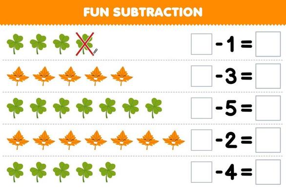 Education game for children fun subtraction by counting cute cartoon leaf each row and eliminating it printable nature worksheet