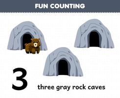 Education game for children fun counting three gray rock caves printable nature worksheet vector