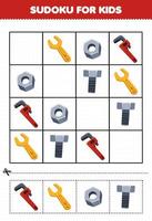 Education game for children sudoku for kids with cute cartoon nut bolt wrench printable tool worksheet vector