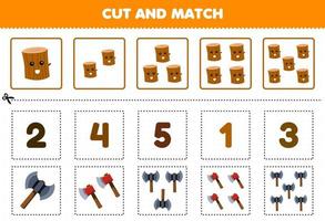 Education game for children cut and match the same number of cute cartoon wood log and axe printable tool worksheet vector