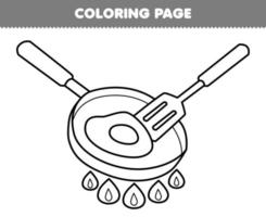 Education game for children coloring page of cute cartoon frying pan and spatula line art printable tool worksheet vector