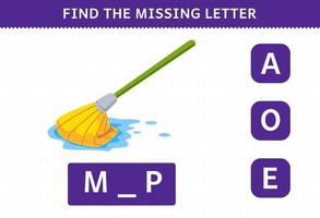 Education game for children find missing letter of cute cartoon mop printable tool worksheet vector