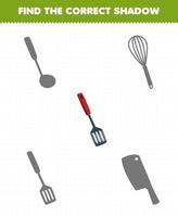 Education game for children find the correct shadow set of cute cartoon spatula printable tool worksheet vector