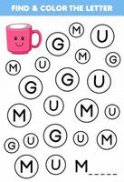 Education game for children find and color letter M for mug printable tool worksheet vector