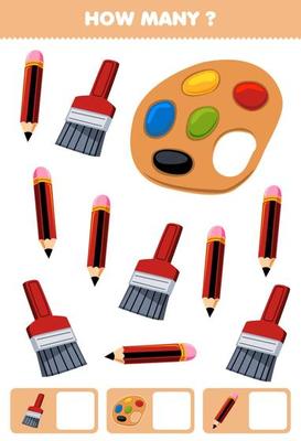 Education game for children searching and counting how many objects of cute cartoon pencil palette brush printable tool worksheet