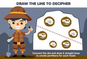 Education game for children help cute archaeologist draw the lines to separate the fossil printable nature worksheet vector