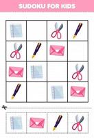 juego educativo para niños sudoku para niños con dibujos animados lindo papel sobre pluma tijera herramienta imprimible hoja de trabajo vector