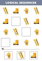 Education game for children logical sequences for kids with cute cartoon ladder glove boot printable tool worksheet vector