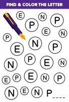 Education game for children find and color letter P for pen printable tool worksheet vector