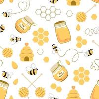 Bee honey seamless pattern Honey yellow template Beekeeping background Honey jar, house, spoon, fly bee, drops, honeycomb Cute hand drawn sweet natural honey background templates. Yellow illustration. vector