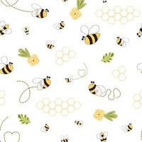 Bee honey seamless pattern Cute hand drawn kids textile design Summer meadow flower bee honeycomb background Boy girl cloth fabric template Natural wallpaper bumblebee illustration Yellow white color. vector