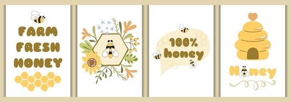 Honey poster set. Bee typography banners collection. Honey bee cards design template. Hive bee floral frame flowers honeycomb thought. Text Farm fresh honey Organic. Printable yellow illustration. vector