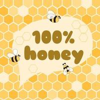 Honey label text 100 honey. Organic food design element. Bee on yellow honeycomb background. Bee product logo icon banner card. Cute beekeeping hand drawn cartoon Eco natural food illustration vector