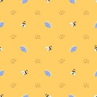 Flowers insects pattern seamless in yellow color. Fabric design with simple summer elements. Cute hand drawn yellow background. Repeated textile design cloth wallpaper wrap paper. Yellow illustration. vector